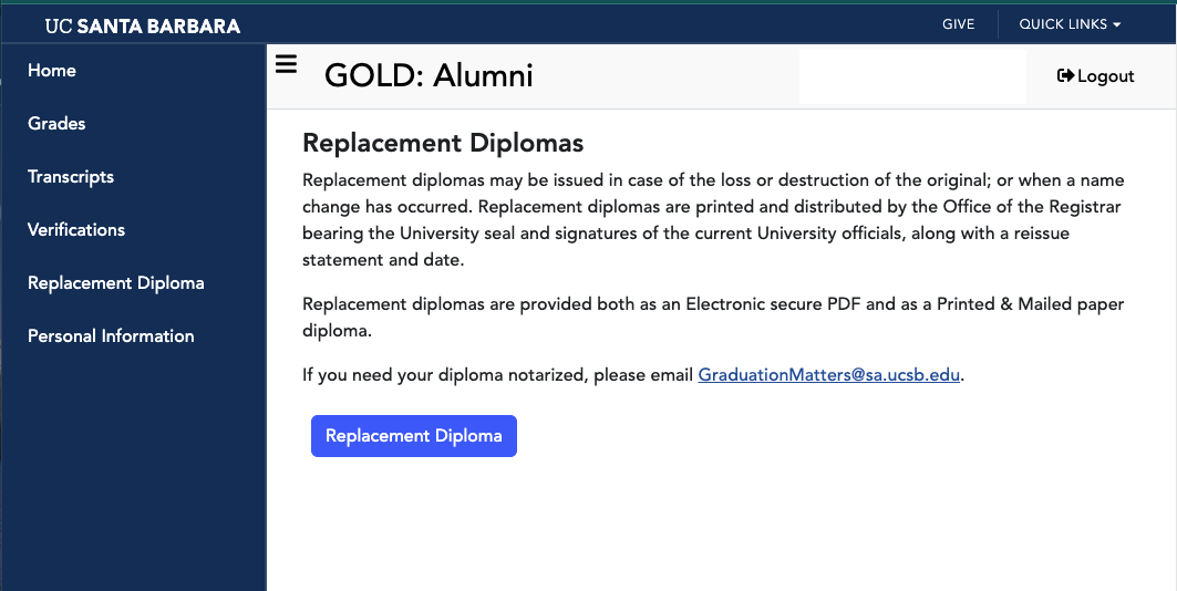 GOLD Alumni replacement diploma