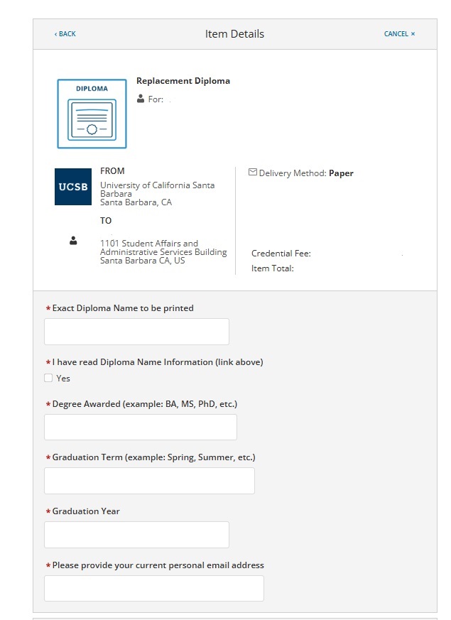 replacement diploma item details page
